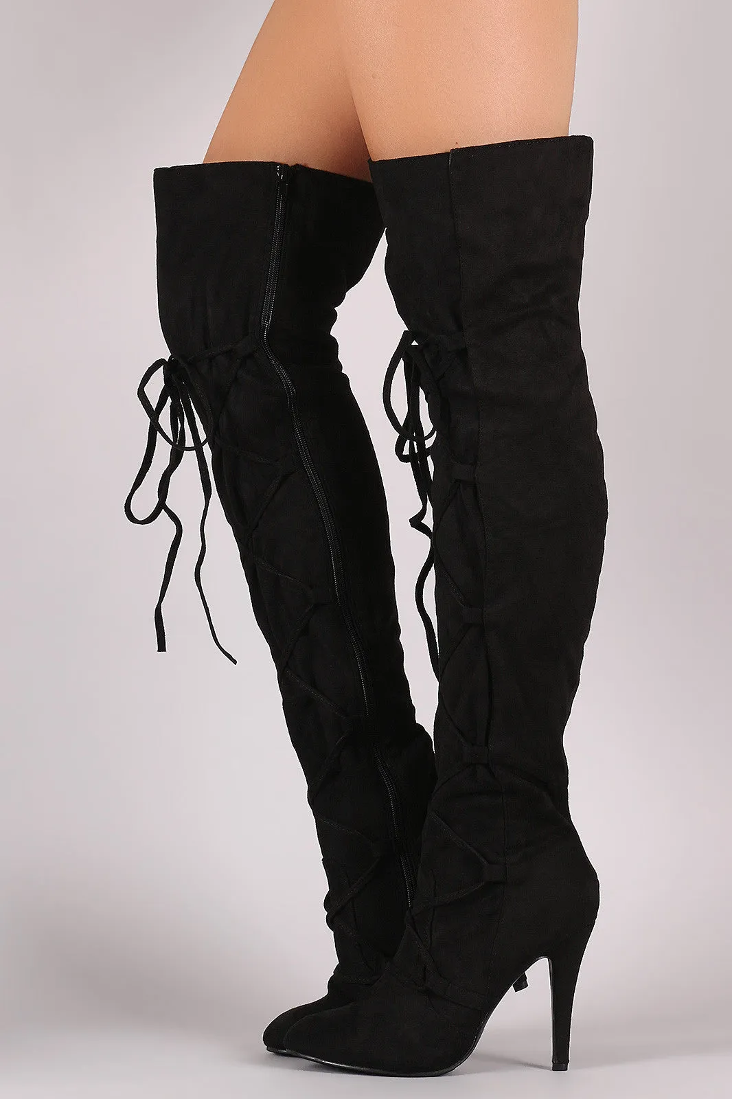 Suede Corset Lace-Up Stiletto Over-The-Knee Boots