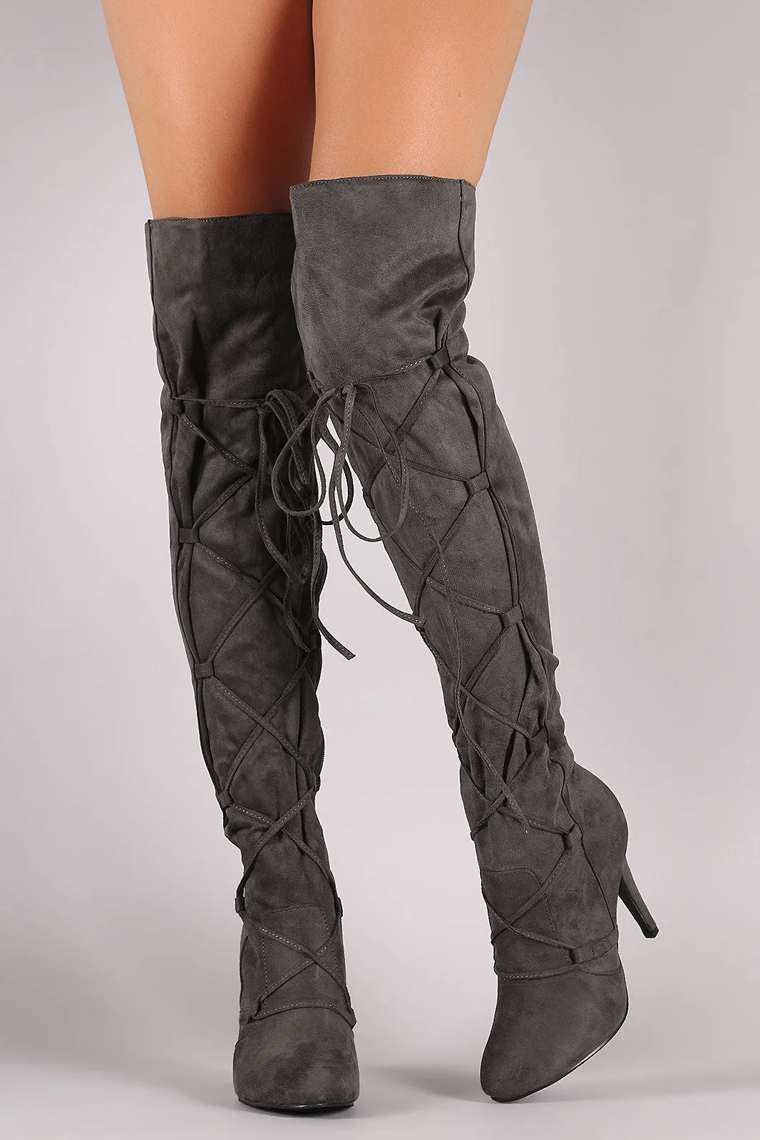 Suede Corset Lace-Up Stiletto Over-The-Knee Boots