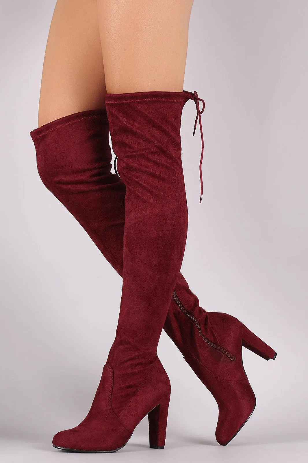 Suede Drawstring Tie Thick Heeled Over-The-Knee Boots