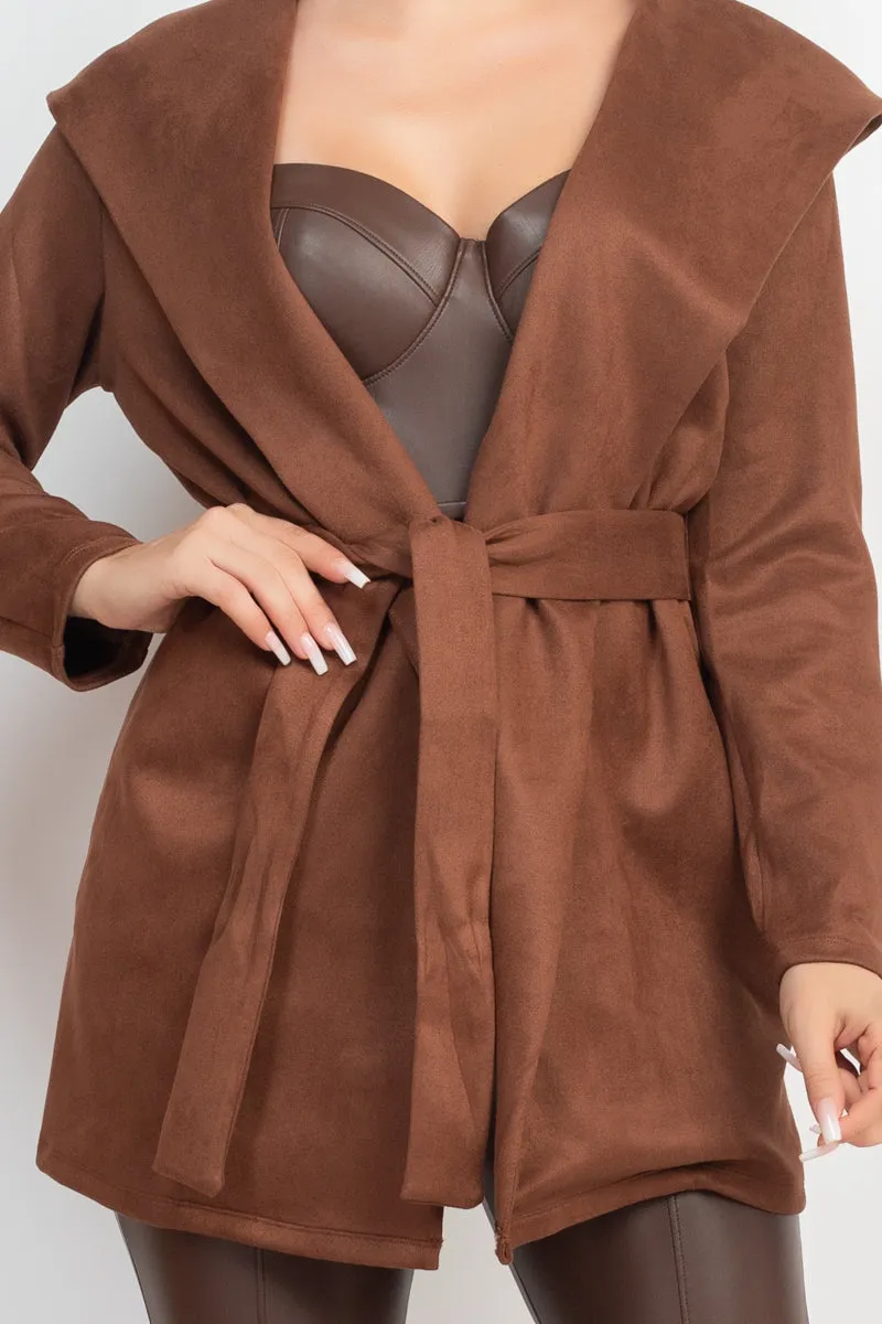 Suede Hooded Waist-tie Belt Jacket