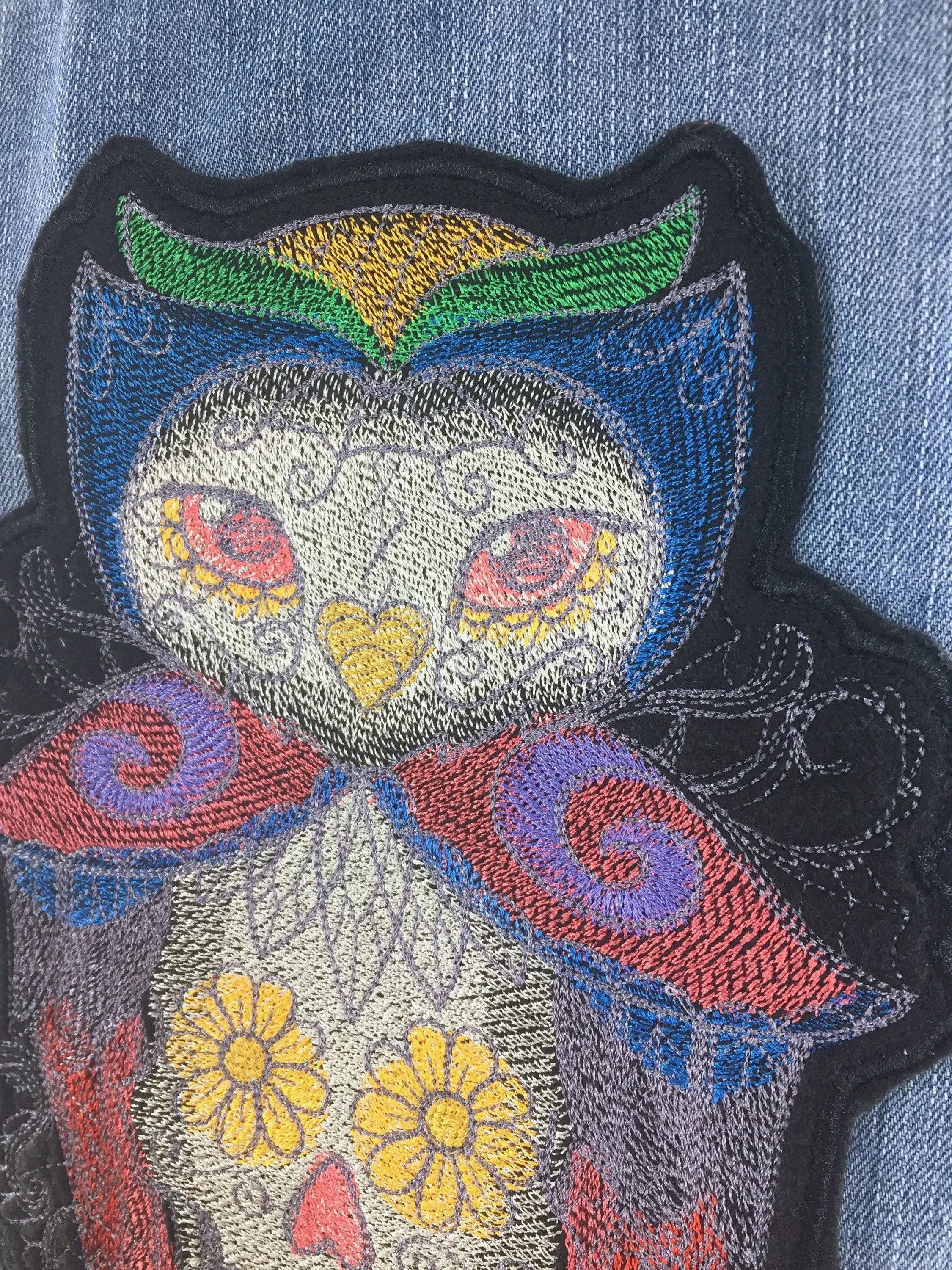 Sugar Skull Owl Embroidered Denim Jacket / Día de Muertos Patch / Mexican Day of the Dead Embroidery