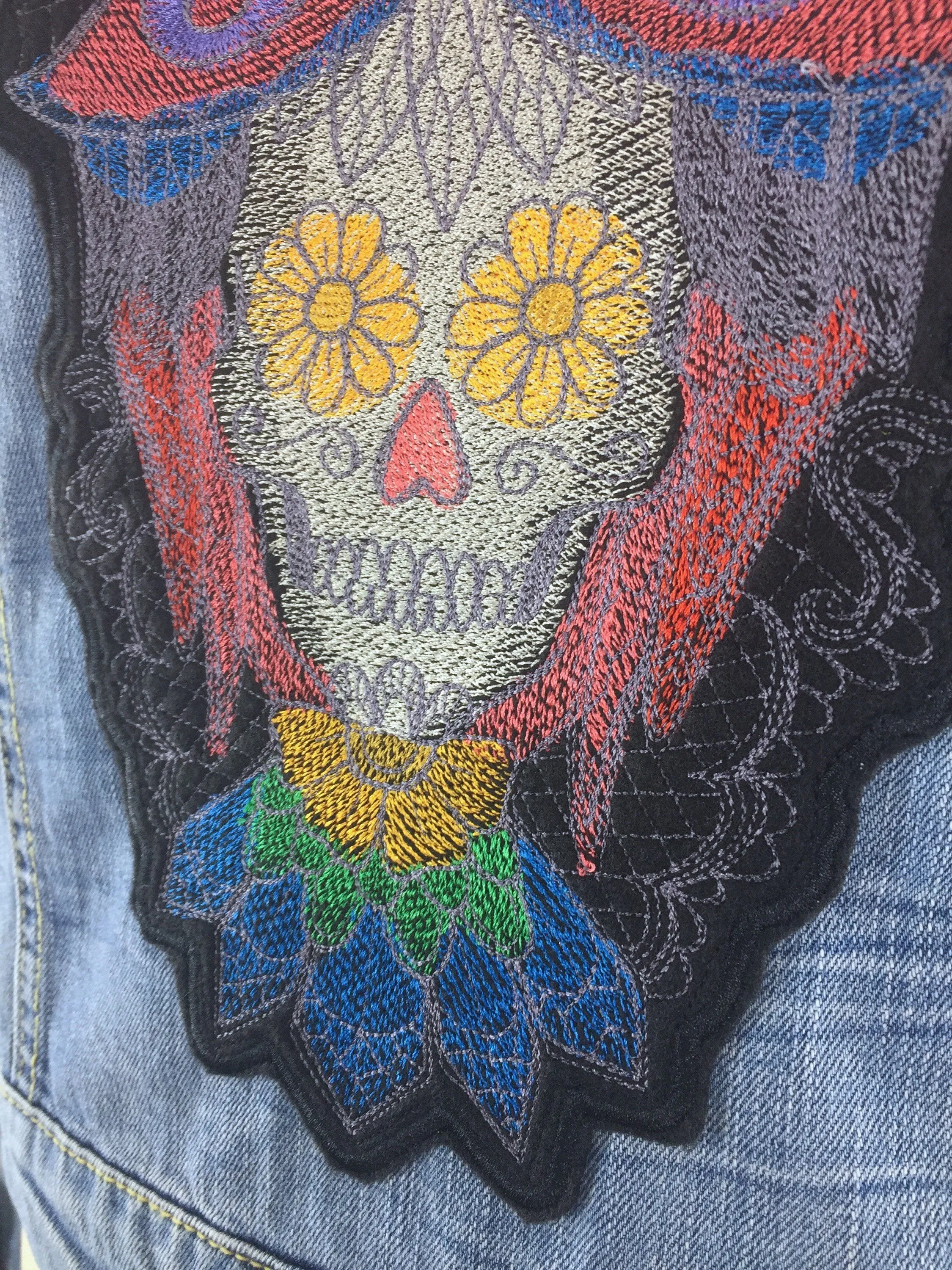 Sugar Skull Owl Embroidered Denim Jacket / Día de Muertos Patch / Mexican Day of the Dead Embroidery