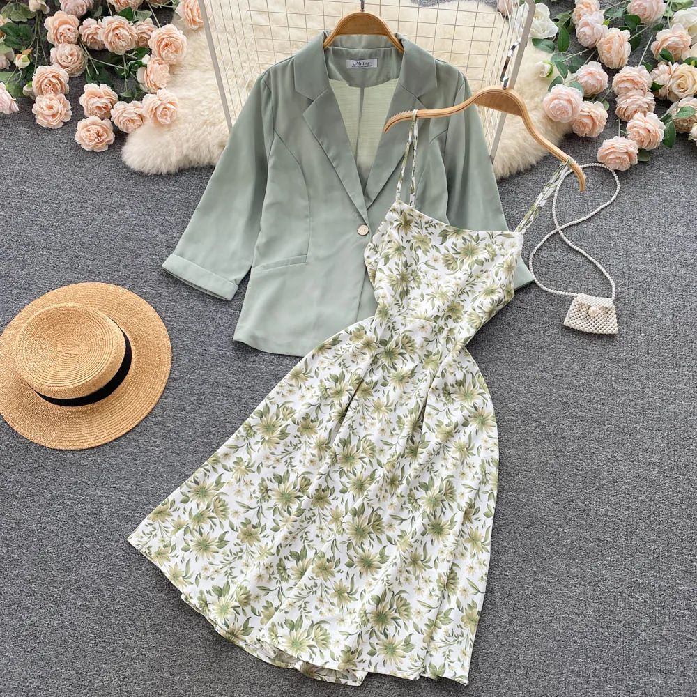 Suit Jacket&Floral Dress 2Pcs Set