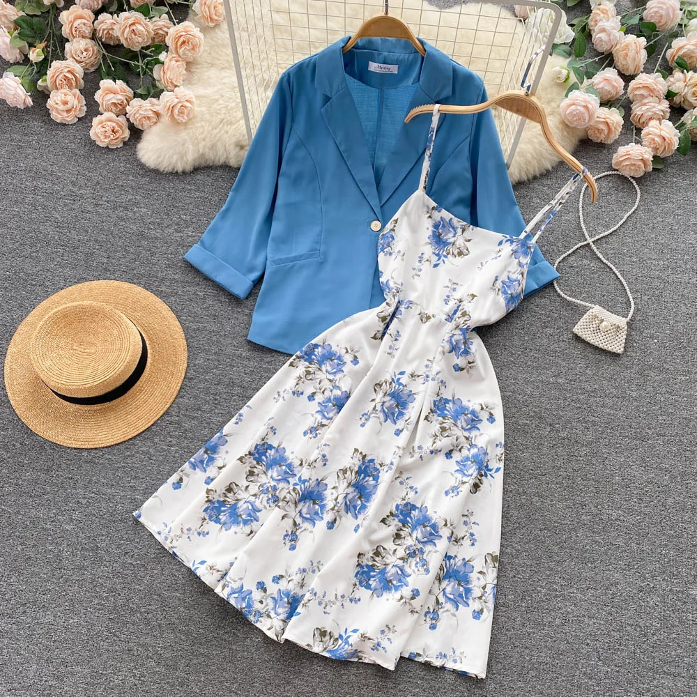 Suit Jacket&Floral Dress 2Pcs Set