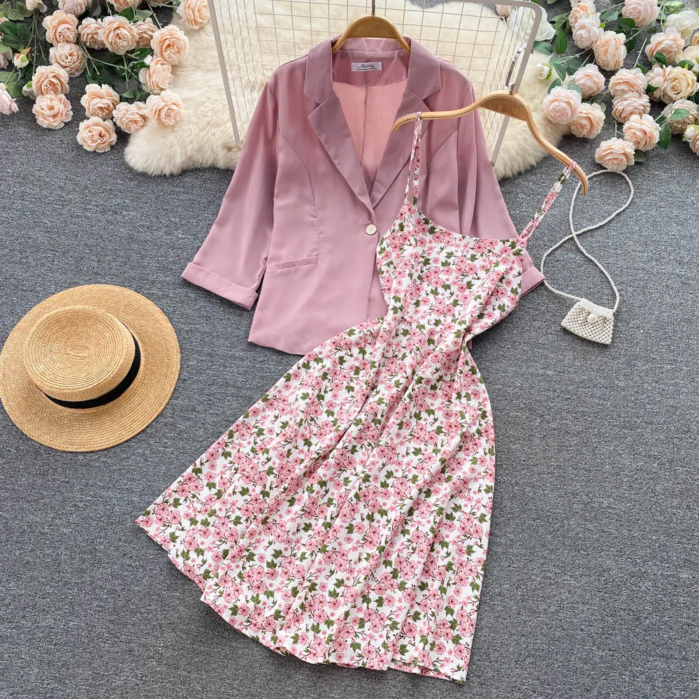 Suit Jacket&Floral Dress 2Pcs Set