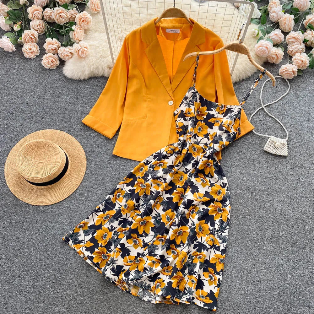 Suit Jacket&Floral Dress 2Pcs Set