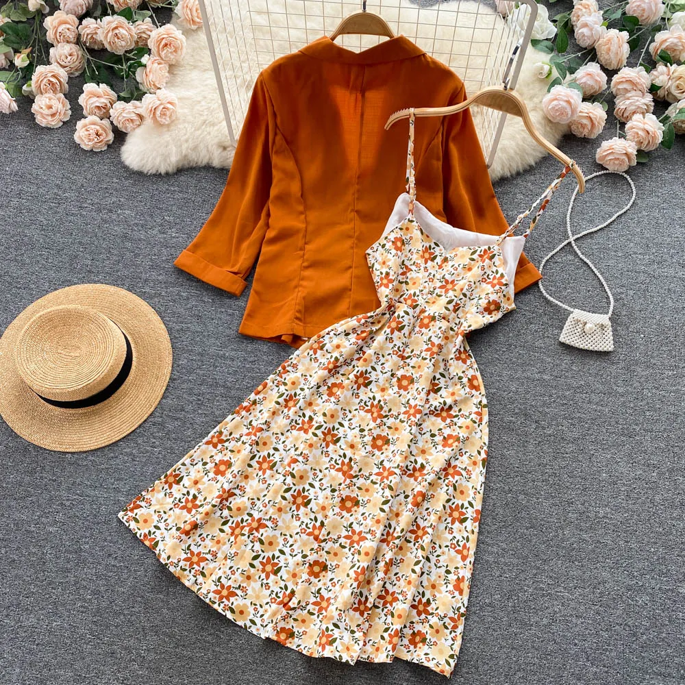 Suit Jacket&Floral Dress 2Pcs Set