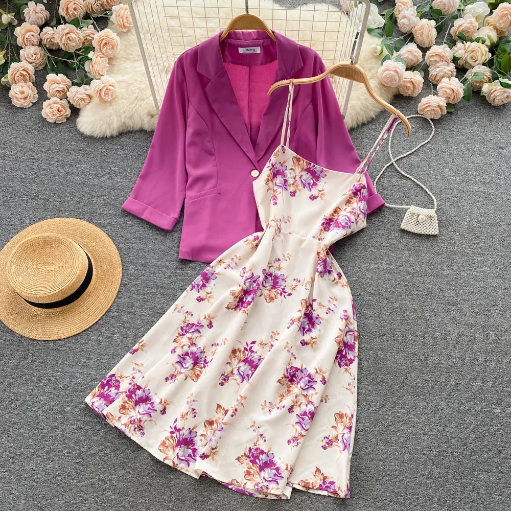 Suit Jacket&Floral Dress 2Pcs Set