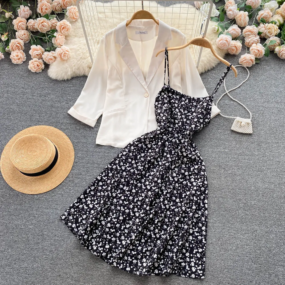 Suit Jacket&Floral Dress 2Pcs Set