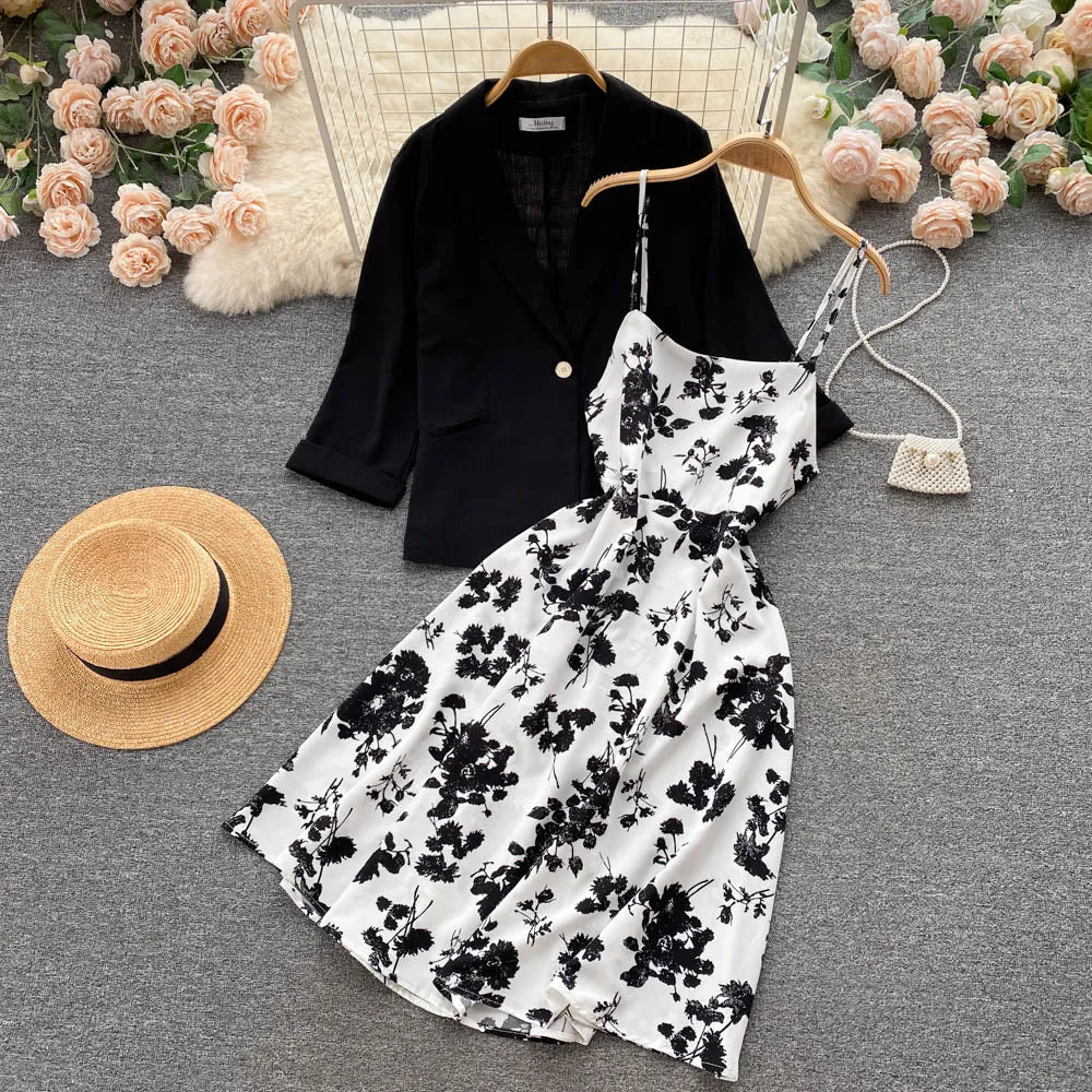 Suit Jacket&Floral Dress 2Pcs Set