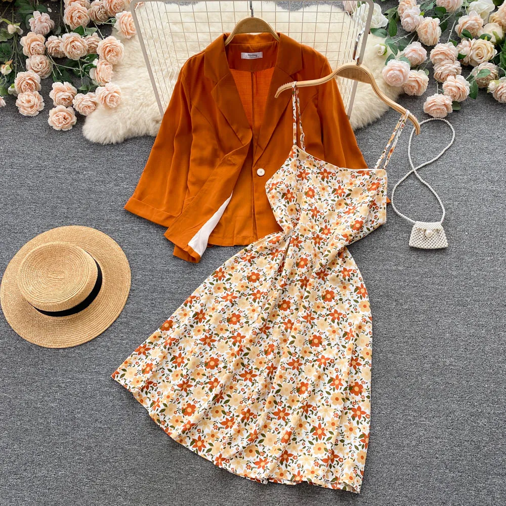 Suit Jacket&Floral Dress 2Pcs Set