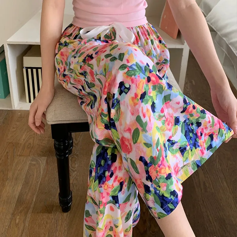 Summer Cotton Silk Wide-Leg Pajama Pants' - Unique Printed Cropped Mosquito Pants