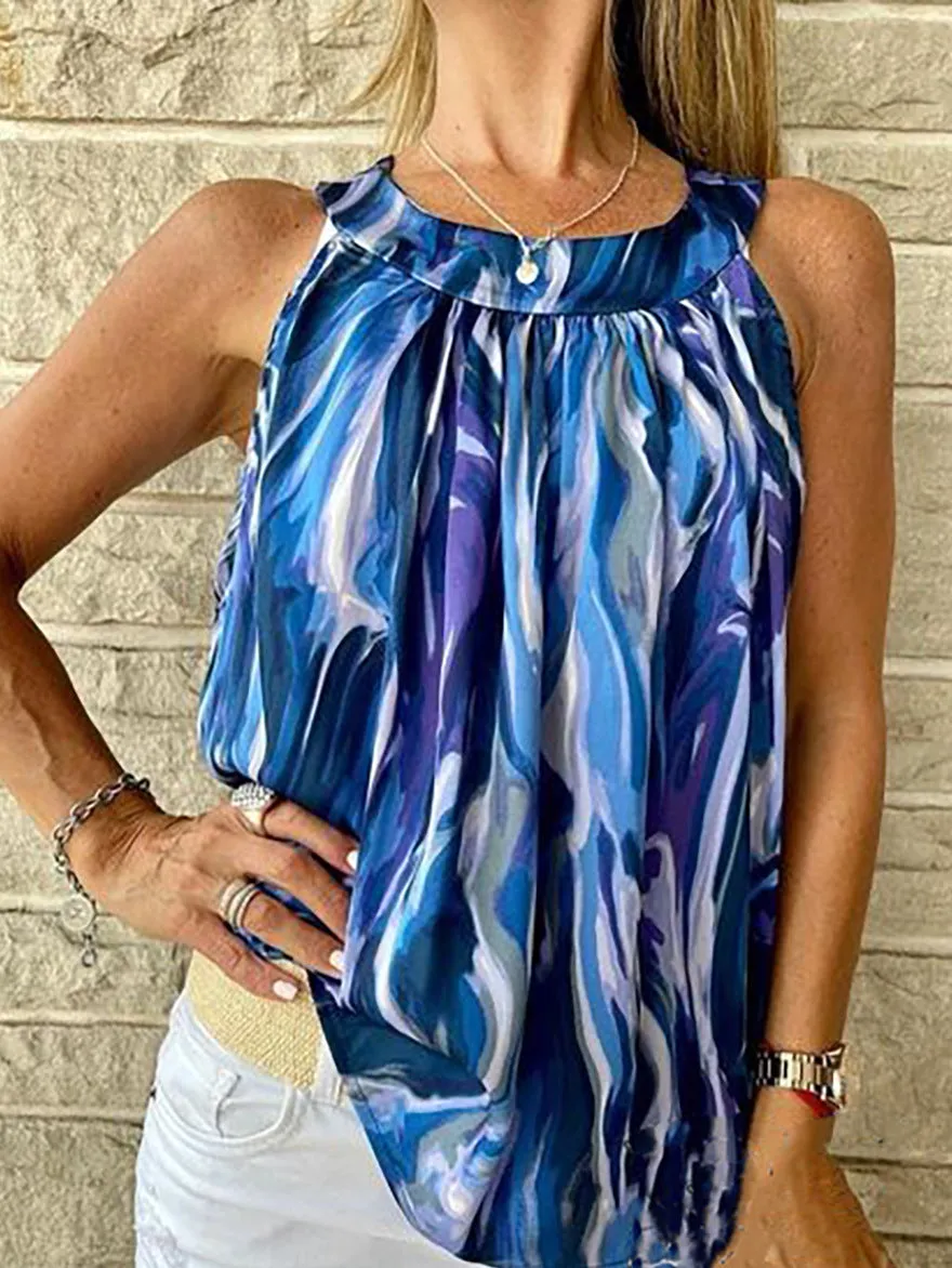 Summer New One Button Style Sleeveless Round Neck Printed Top