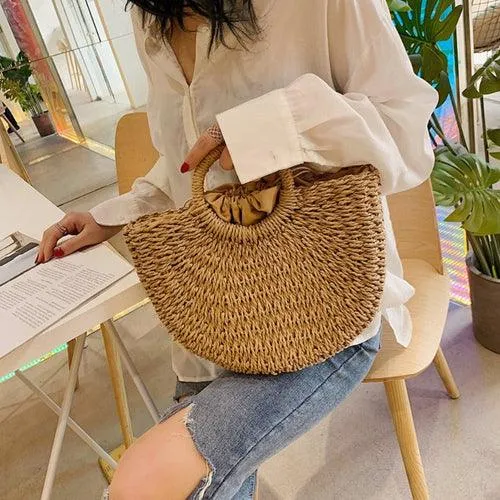 Summer Top Handle Semi Circle Straw Bag