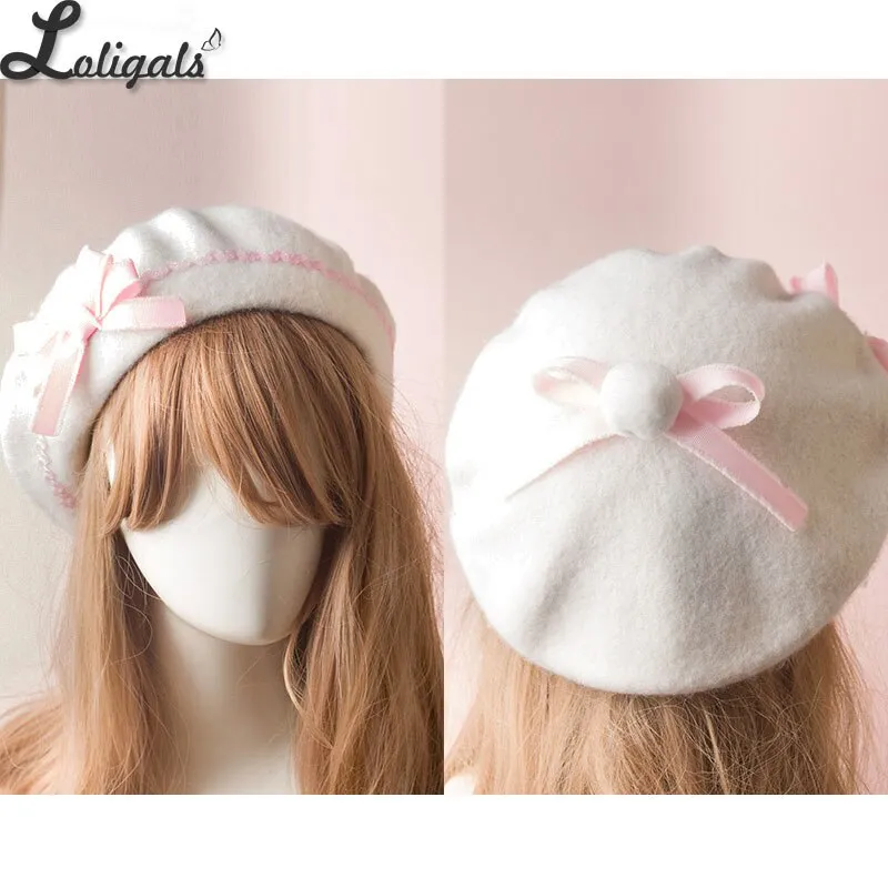 Sweet Women's Lolita Sailor Beret Gothic Wool Beret Hat with Lovely Bows for Winter