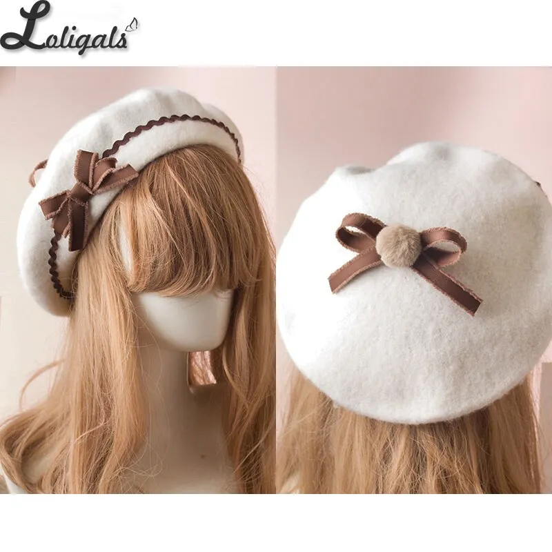 Sweet Women's Lolita Sailor Beret Gothic Wool Beret Hat with Lovely Bows for Winter