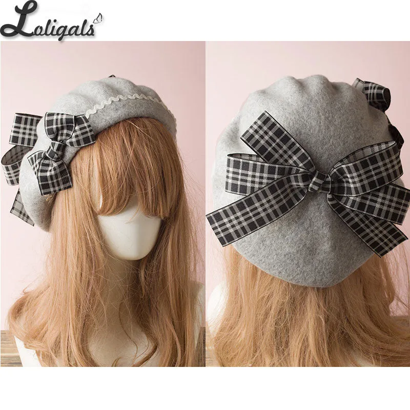 Sweet Women's Lolita Sailor Beret Gothic Wool Beret Hat with Lovely Bows for Winter