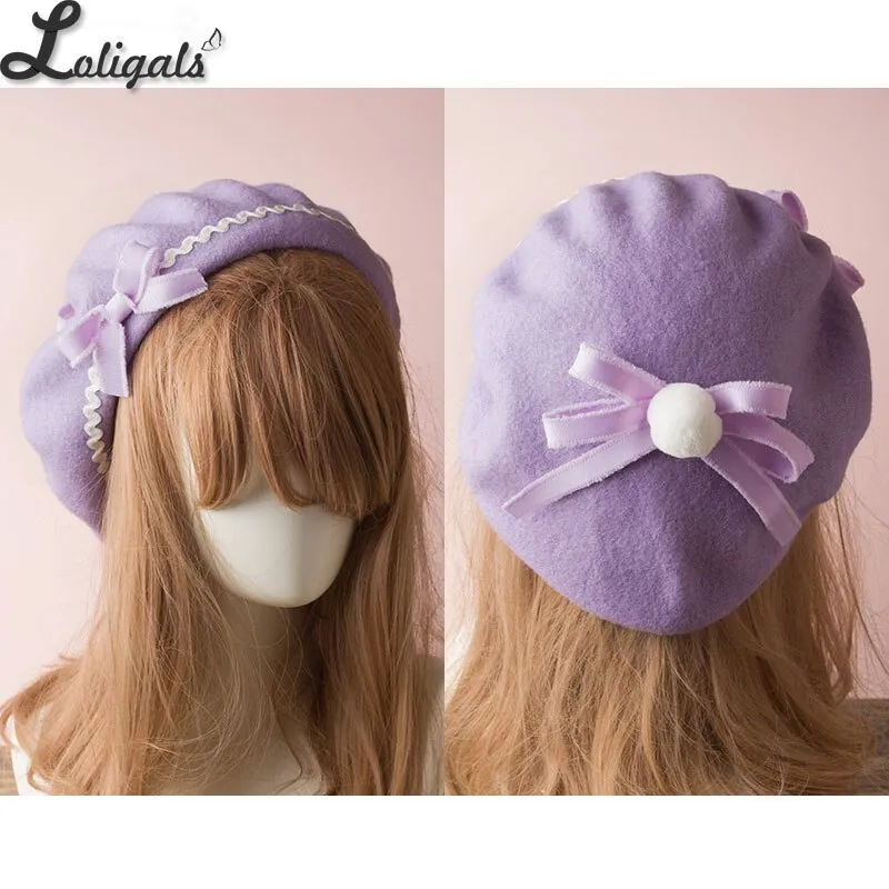 Sweet Women's Lolita Sailor Beret Gothic Wool Beret Hat with Lovely Bows for Winter