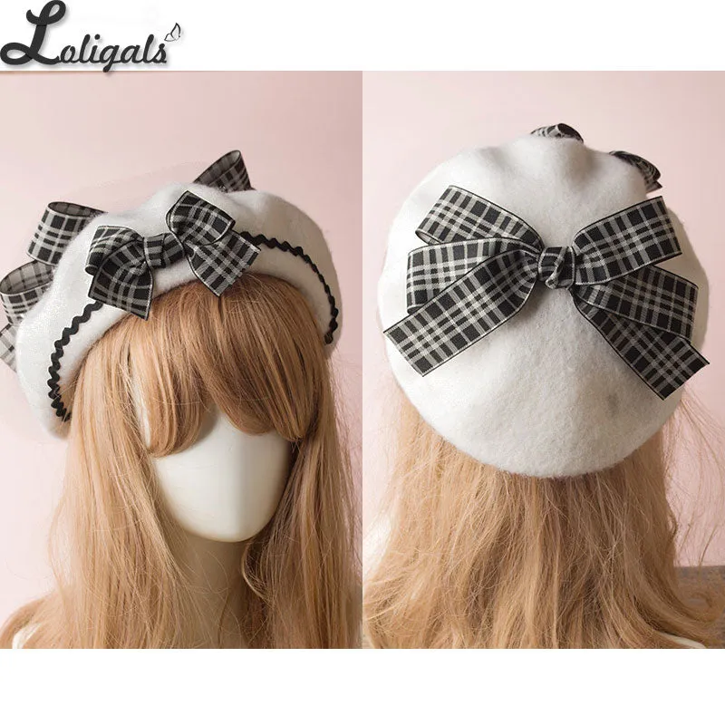 Sweet Women's Lolita Sailor Beret Gothic Wool Beret Hat with Lovely Bows for Winter