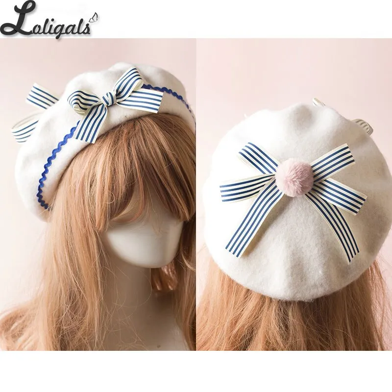 Sweet Women's Lolita Sailor Beret Gothic Wool Beret Hat with Lovely Bows for Winter