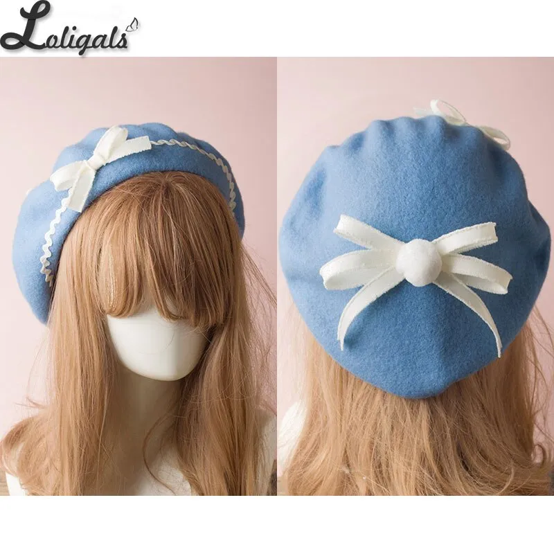 Sweet Women's Lolita Sailor Beret Gothic Wool Beret Hat with Lovely Bows for Winter