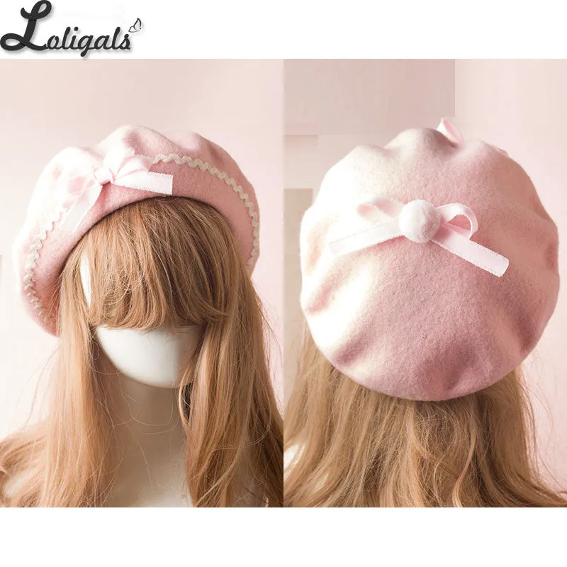 Sweet Women's Lolita Sailor Beret Gothic Wool Beret Hat with Lovely Bows for Winter