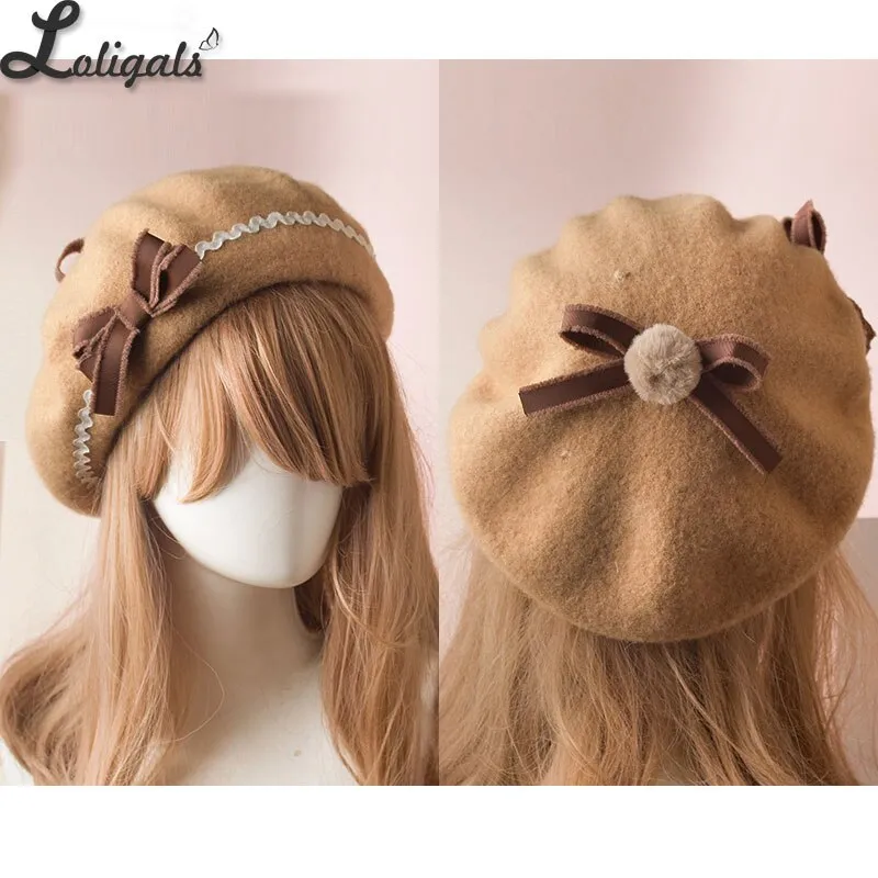 Sweet Women's Lolita Sailor Beret Gothic Wool Beret Hat with Lovely Bows for Winter