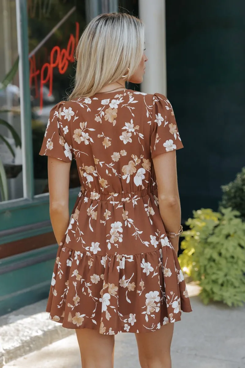 Sweetly Yours Floral Mini Dress - Brown - FINAL SALE