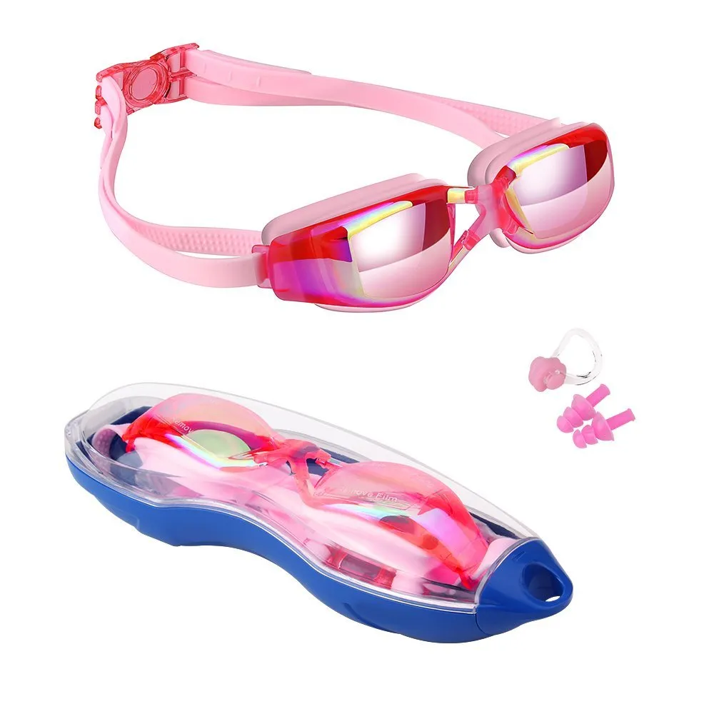 Swimming Goggles Comfortable Silicone Adjustable Swim Glasses Children Anti-Fog UV Waterproof Swimming Eyewear w/ Clear Case