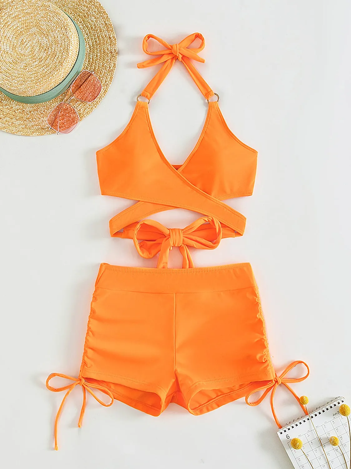 Swimsuit Two Piece Set Crisscross Tied Top and Drawstring Shorts Women's Swimwear Fashion