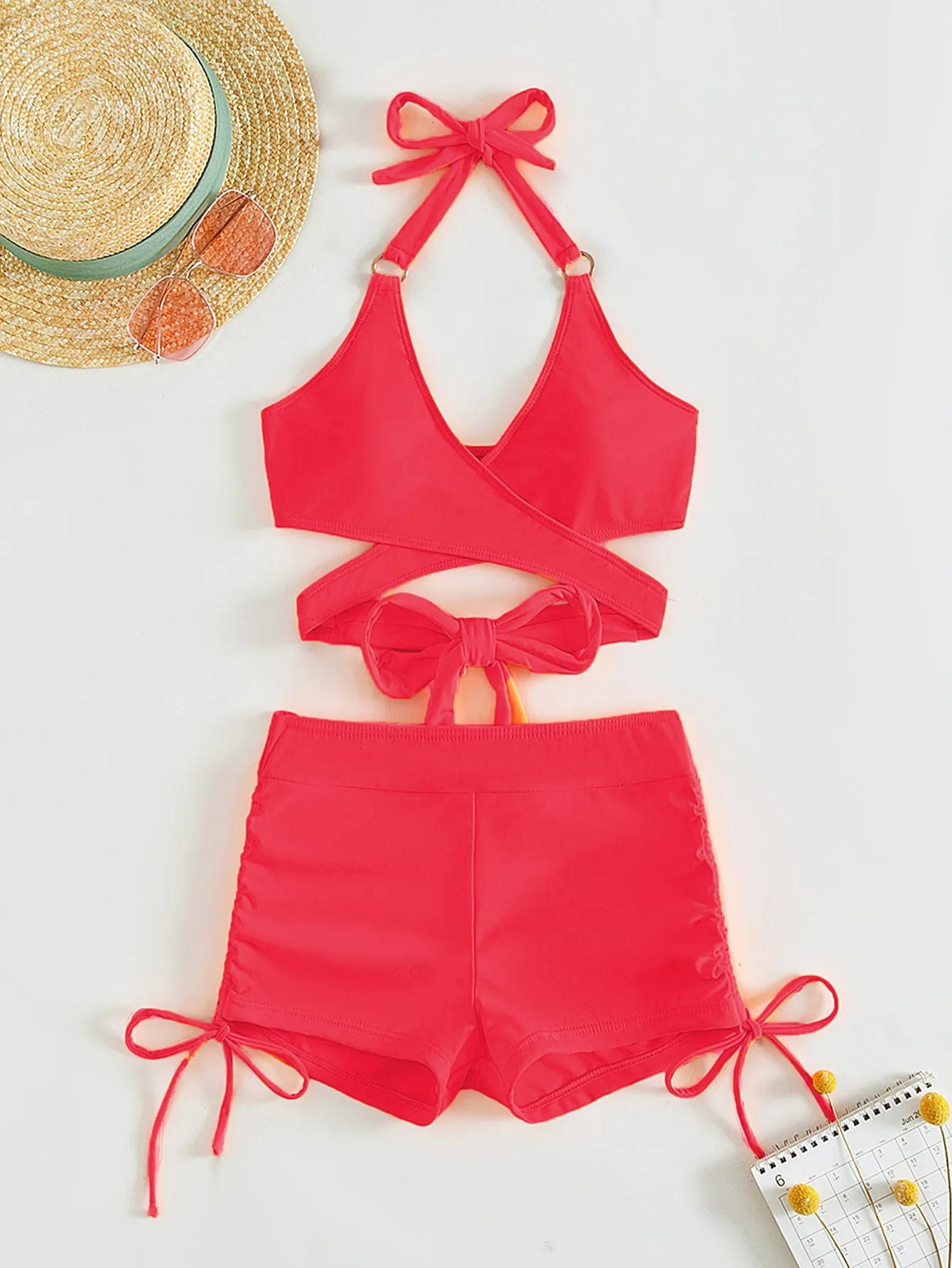 Swimsuit Two Piece Set Crisscross Tied Top and Drawstring Shorts Women's Swimwear Fashion