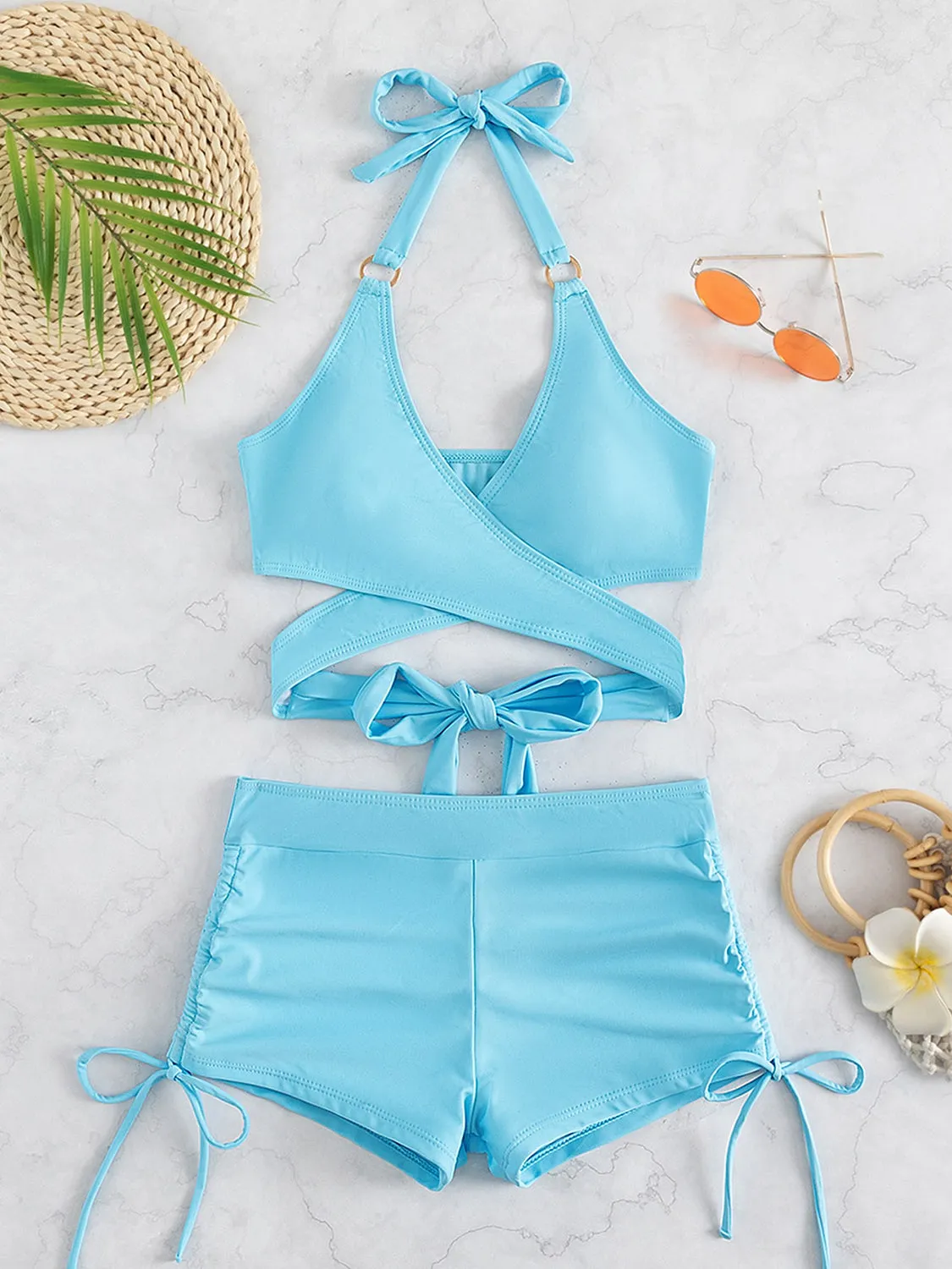 Swimsuit Two Piece Set Crisscross Tied Top and Drawstring Shorts Women's Swimwear Fashion