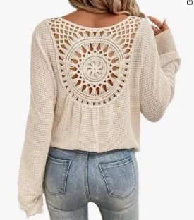 T-sort, Openwork Cutout at the back, Long Sleeve, V Neck, Beige color