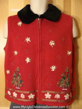 Tacky Cheesy Holiday Sweater  Vest with Bead Bling Snowflakes and Trees (f1167)