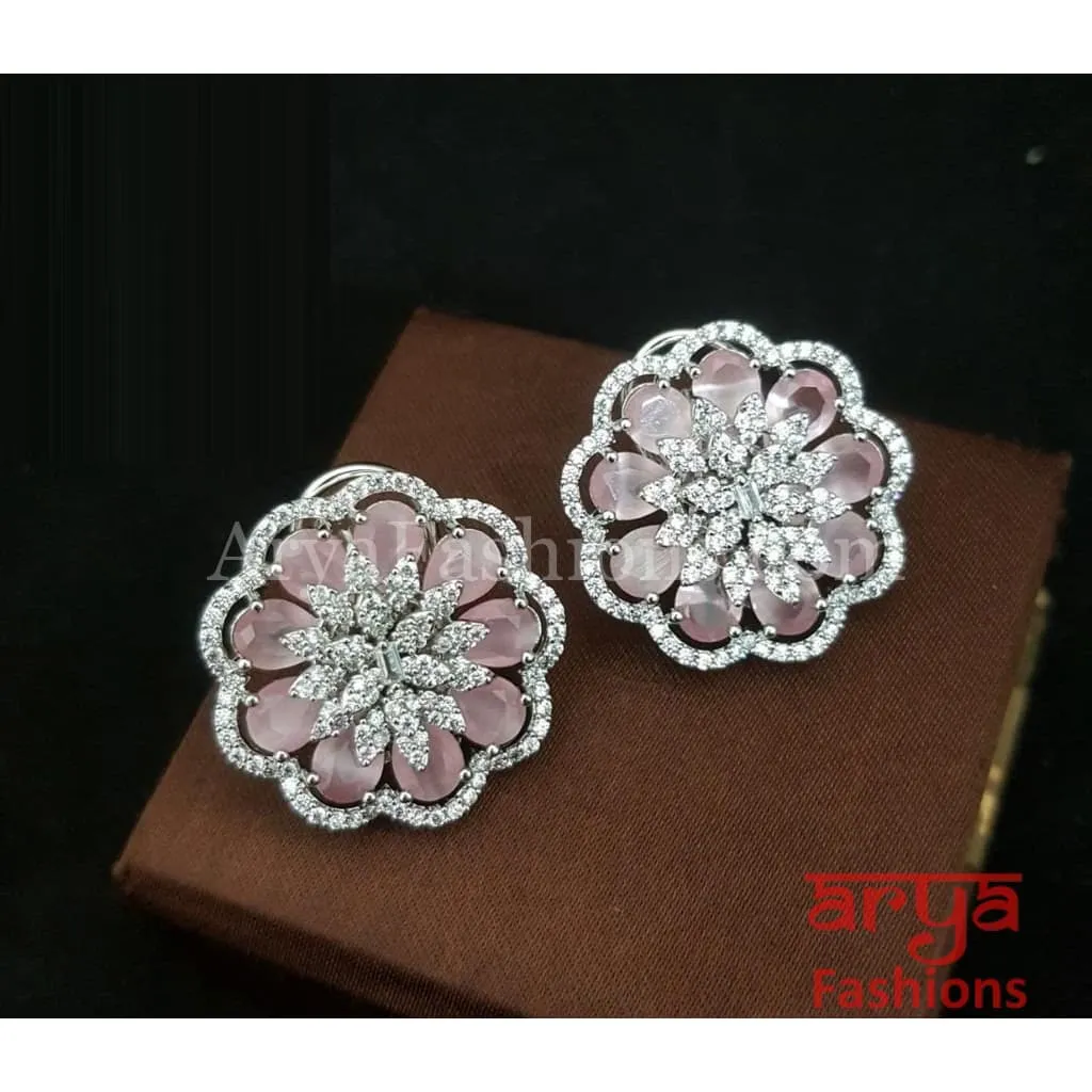 Tahi CZ Studs with Silver stones in Rose Gold Finish/ Trendy Bollywood Stud Earrings