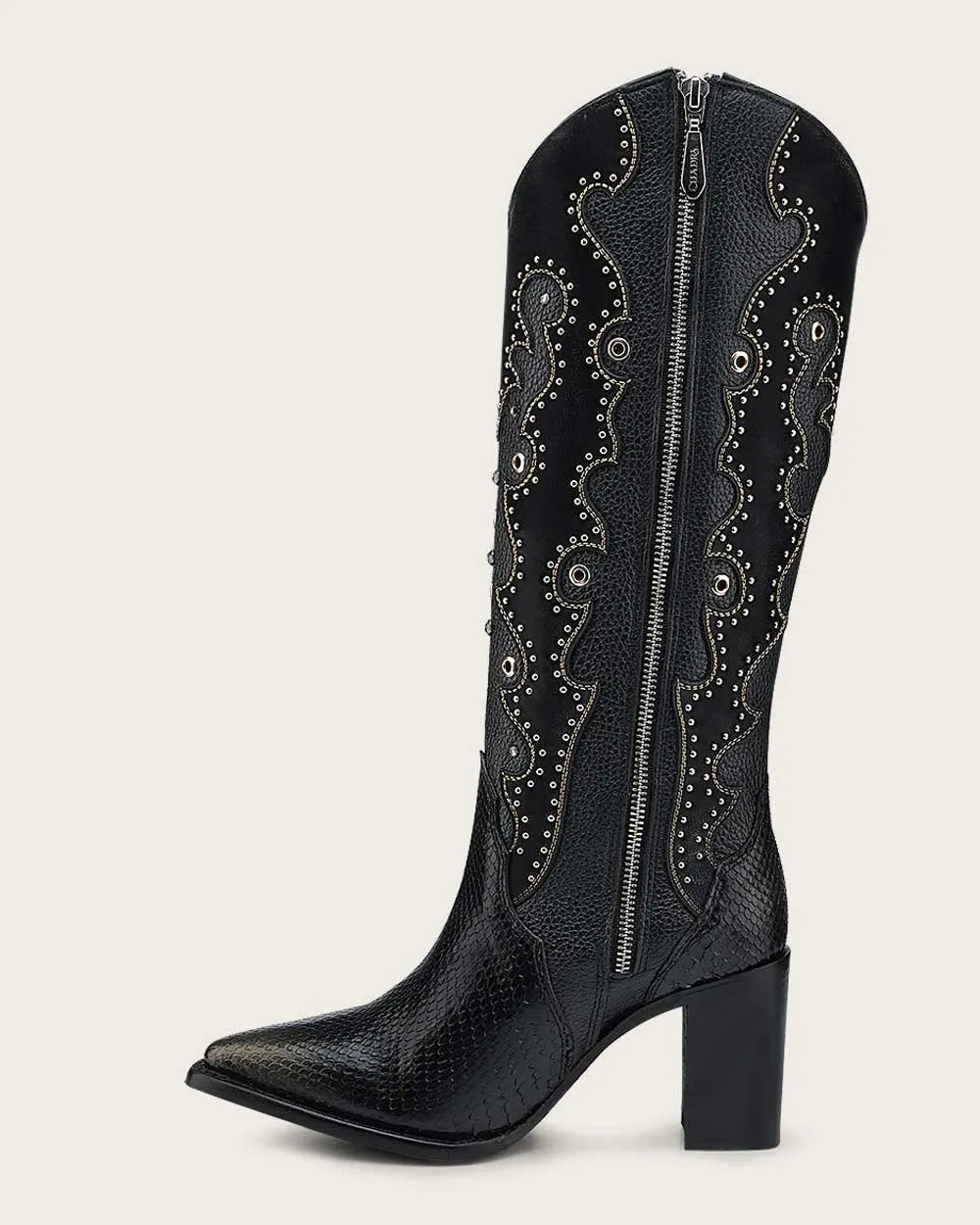 Tall black exotic western style boot