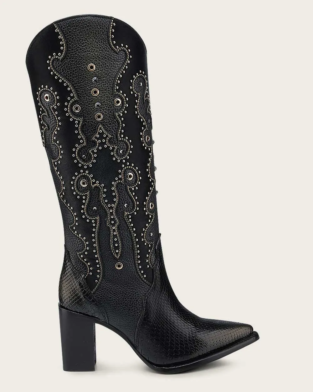 Tall black exotic western style boot