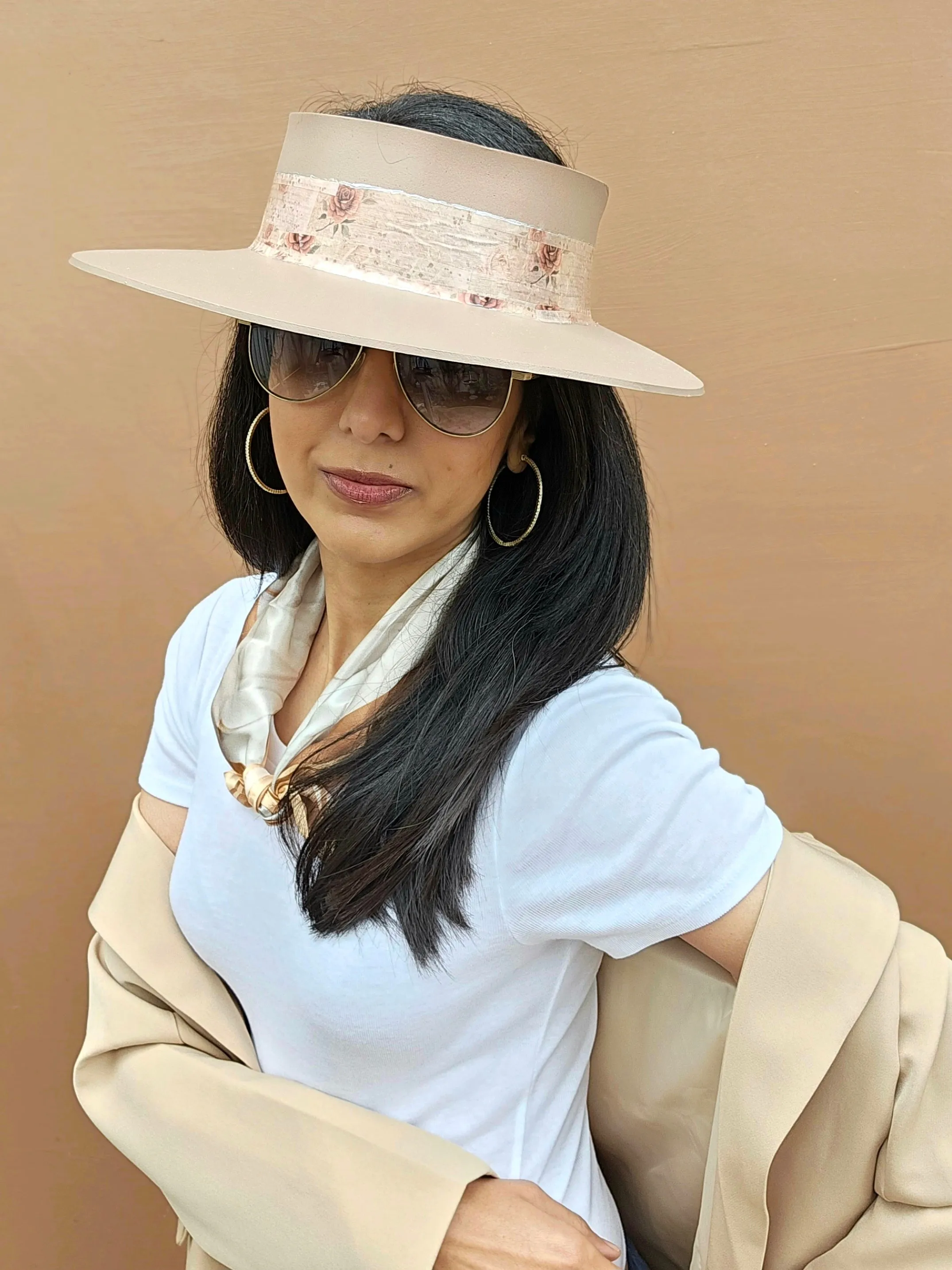 Tall Brown "LadyEVA" Visor Hat with Delicate Burgundy Floral Band