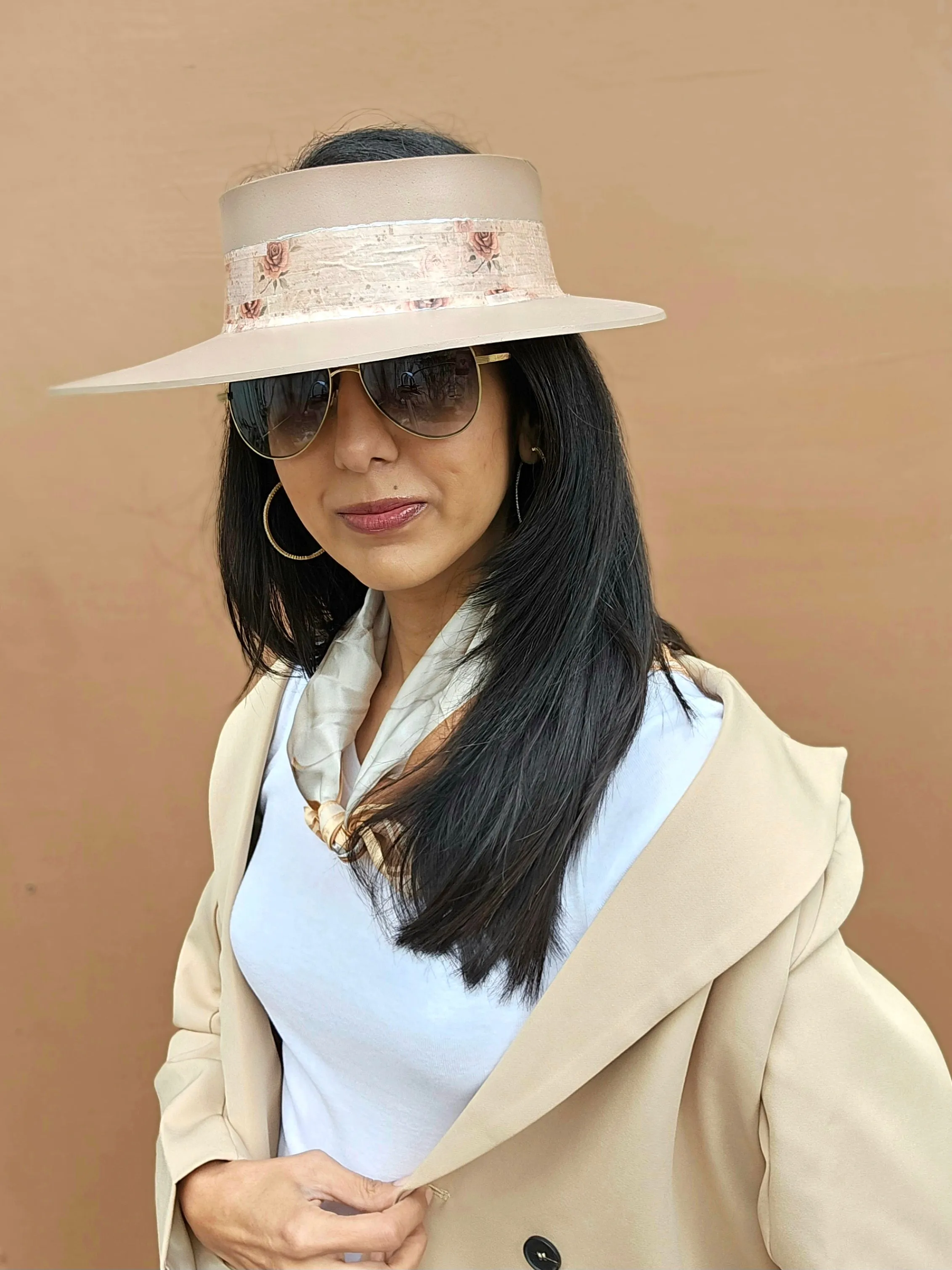 Tall Brown "LadyEVA" Visor Hat with Delicate Burgundy Floral Band