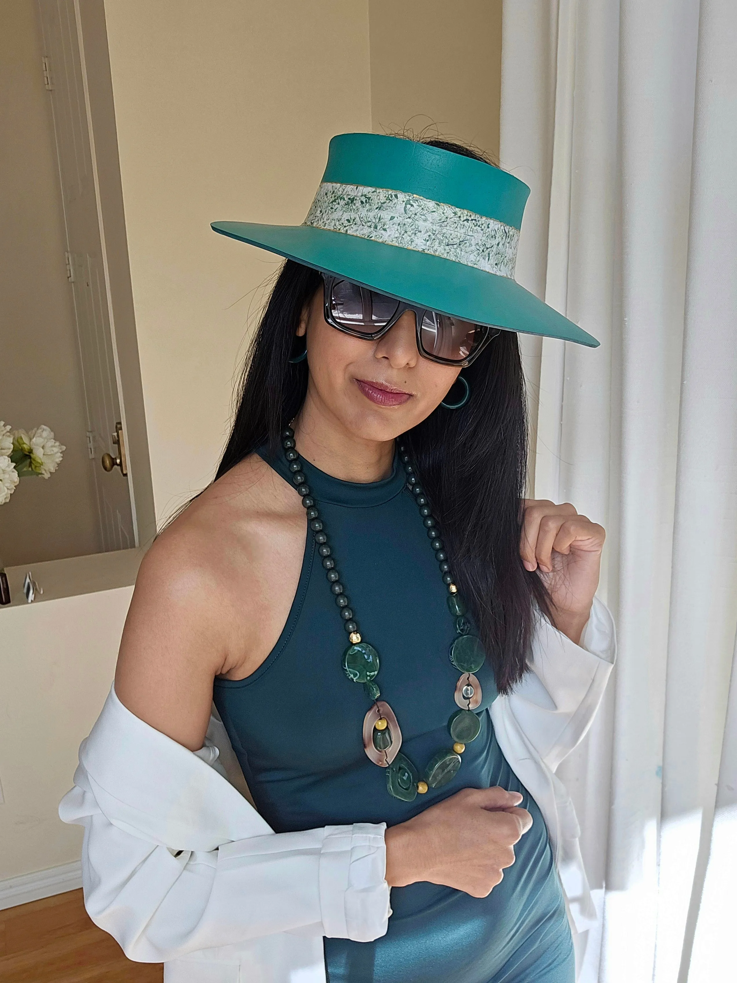 Tall Emerald Green LadyEVA Visor Hat with Crinkled White/Green Floral Band