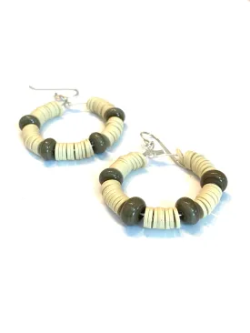 Tan Heishi and Brown Glass Beaded Hoop Earrings