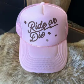 Tan Ride or Die on a Pink Trucker Hat