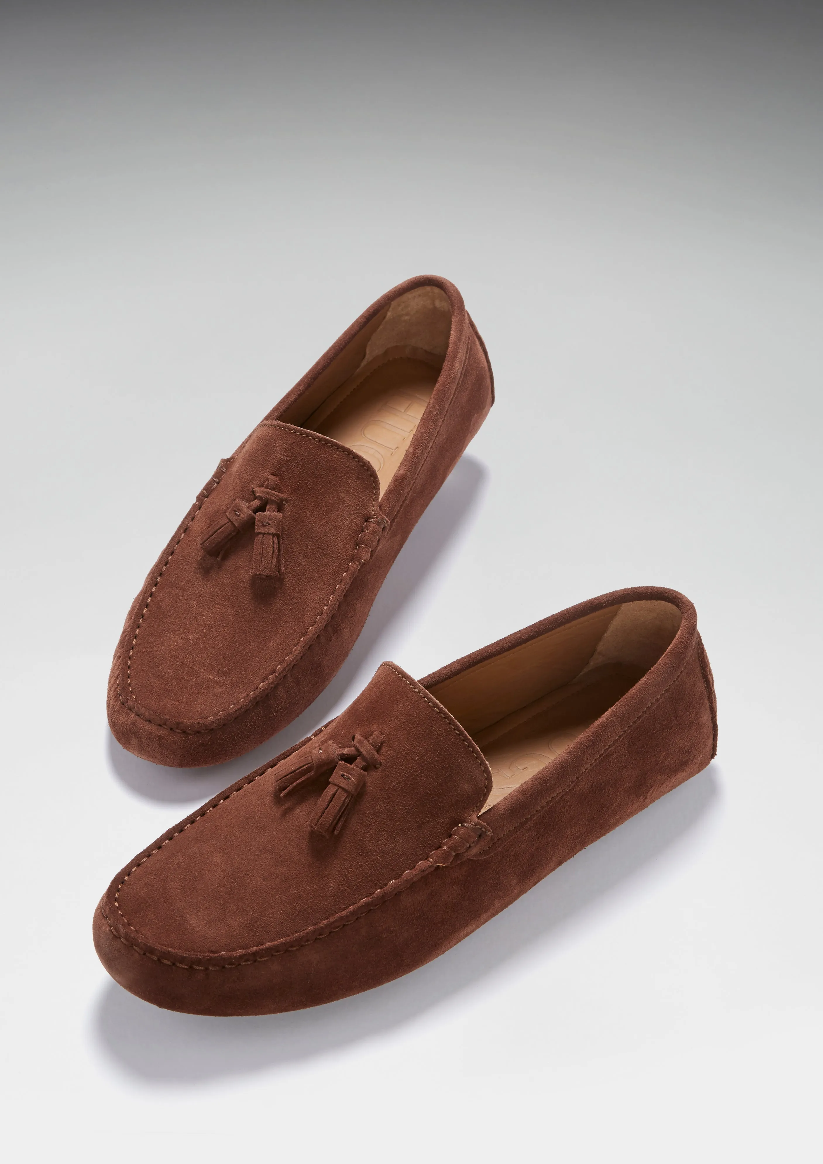 Tasselled Driving Loafers, mahogany brown suede