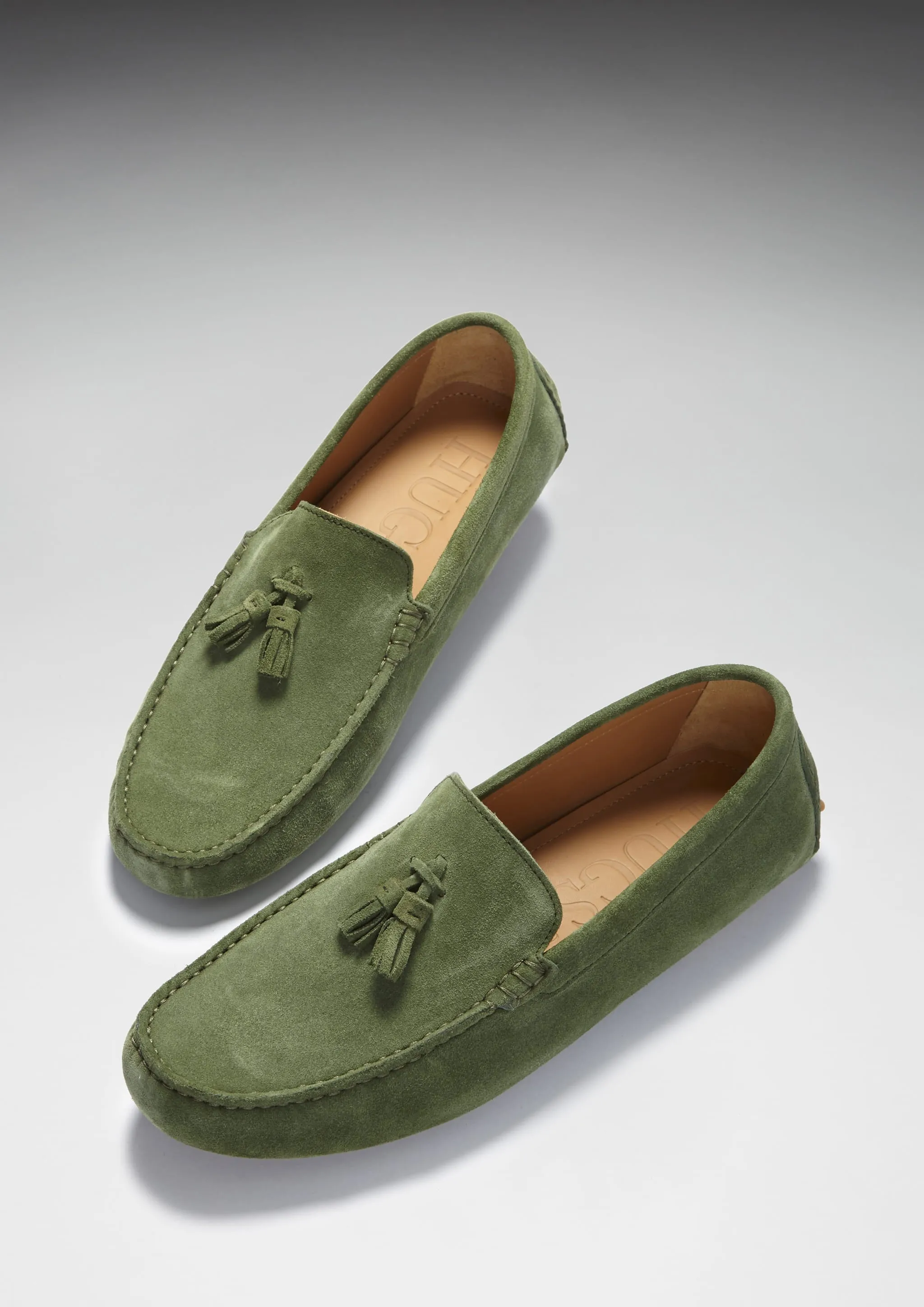 Tasselled Driving Loafers, safari green suede