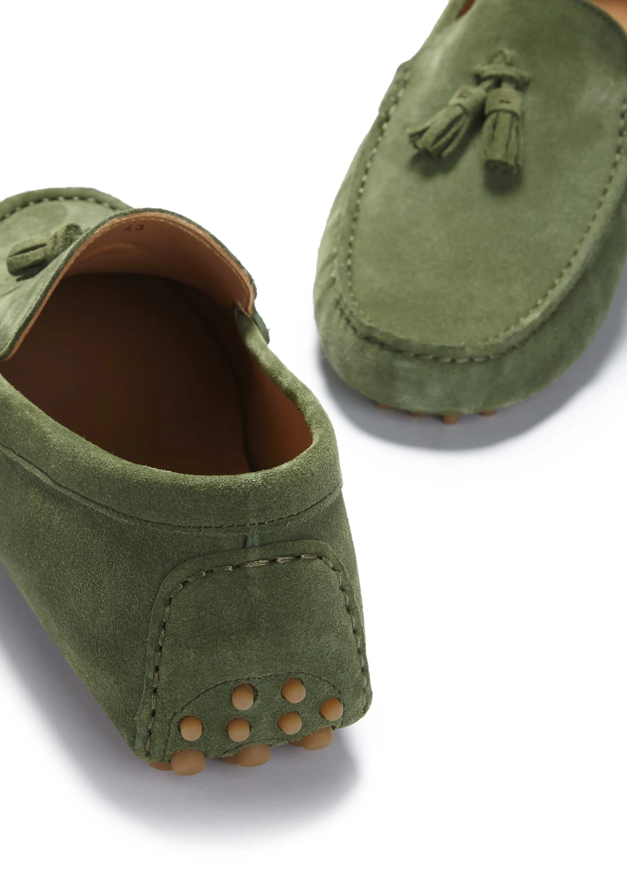 Tasselled Driving Loafers, safari green suede