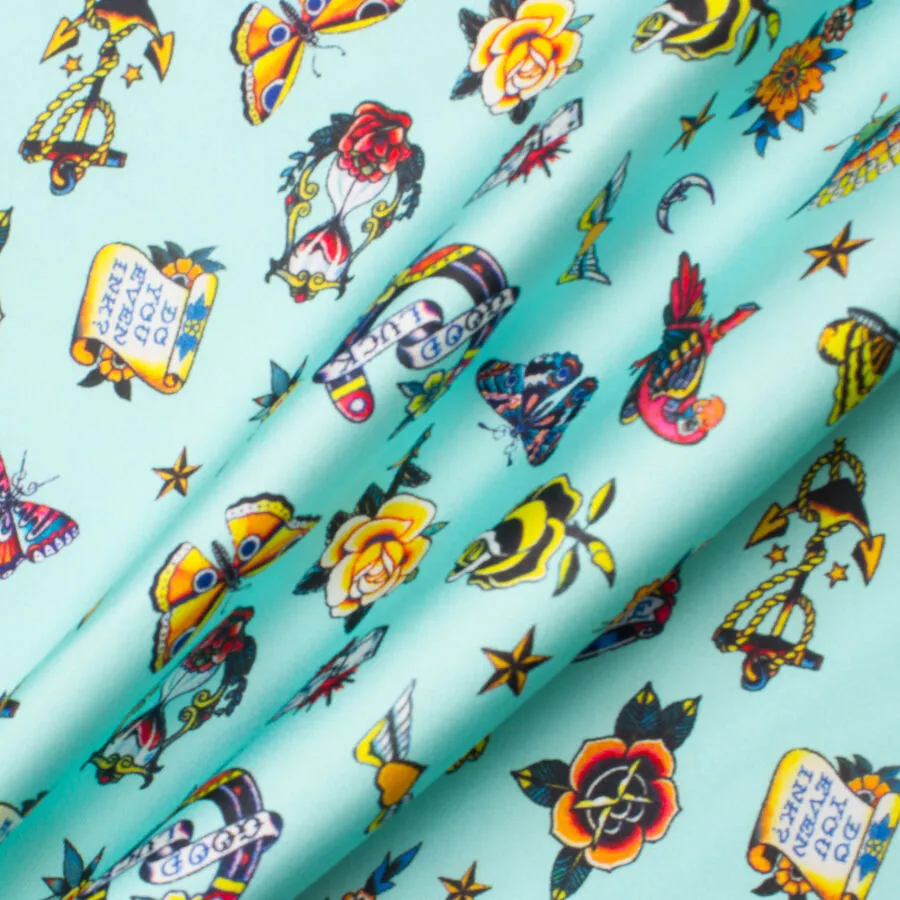 'Tattoo Art' Printed Aqua Silk Twill (A 3.10m Piece)