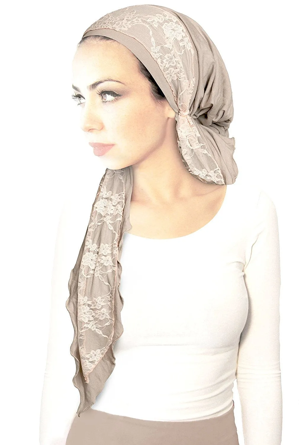 Taupe Head-scarf Hair-Snood Tichel Embellished with Pink Floral Lace Boho Chic - 021