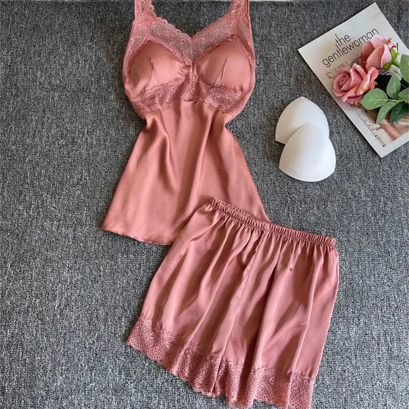 TAVIMART  -  4PCS Women Pink Satin Pajamas Set Lace Sleep Suit  Pijama Home Nightie Sexy V-Neck Sleepwear