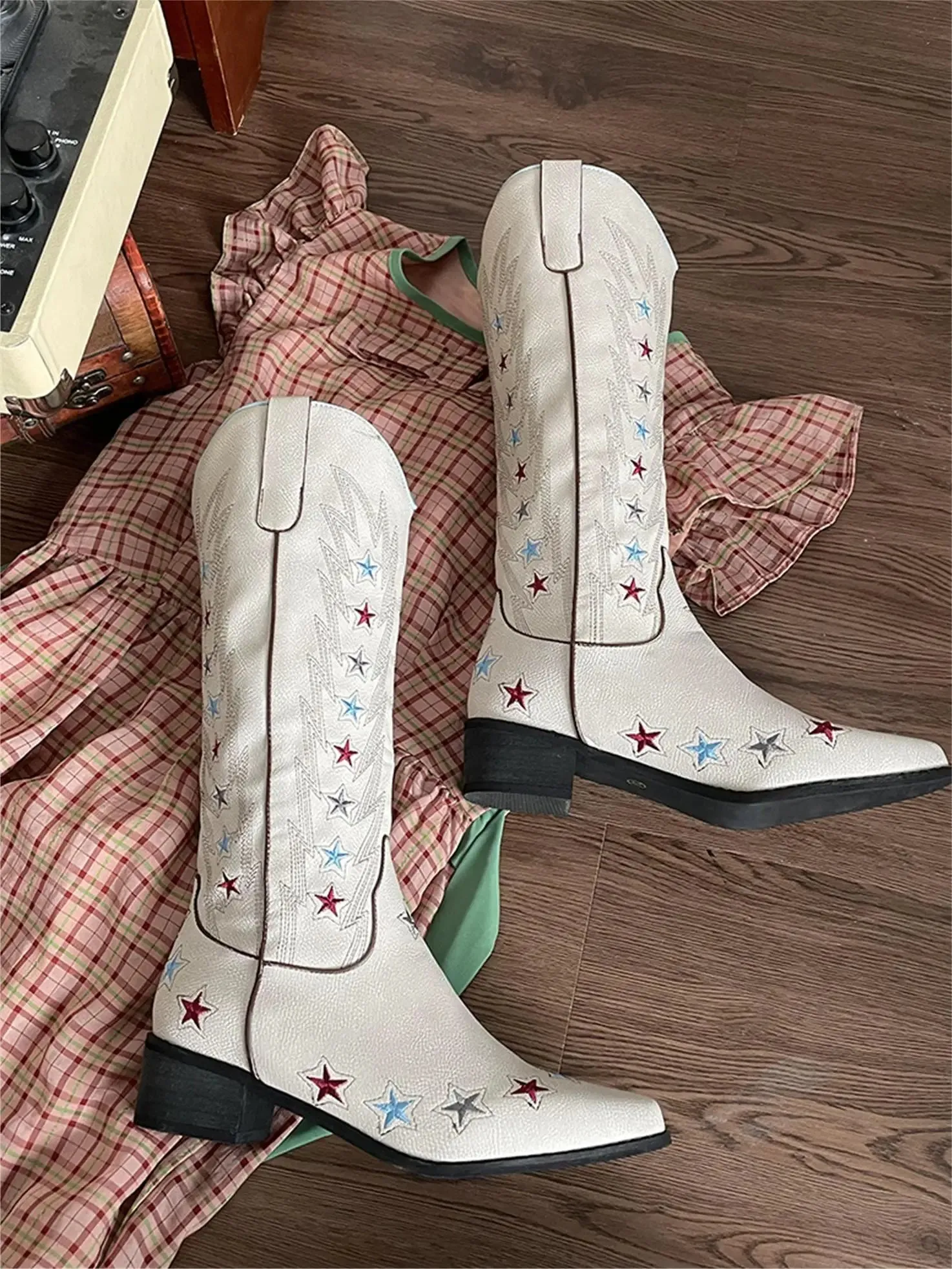 TAVIMART  -  Big Size 42 Embroidery Star Beige Western Cowboy Boots With Chunky Heels Pointed Toe Western Cowgirl Boots Knee High Boots Shoes