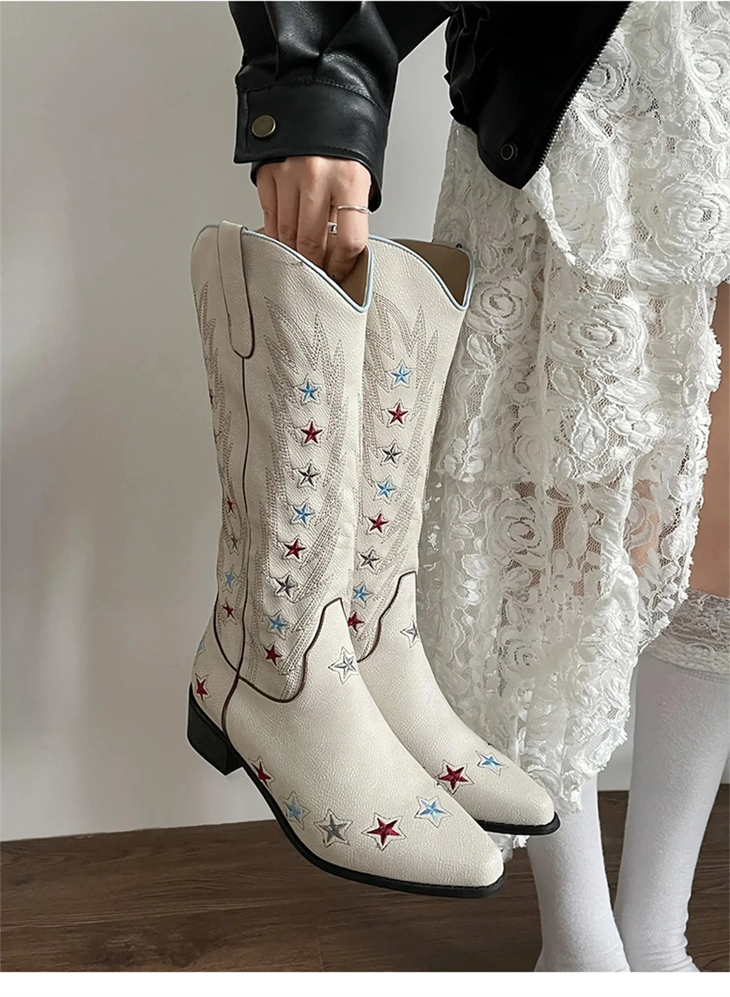 TAVIMART  -  Big Size 42 Embroidery Star Beige Western Cowboy Boots With Chunky Heels Pointed Toe Western Cowgirl Boots Knee High Boots Shoes